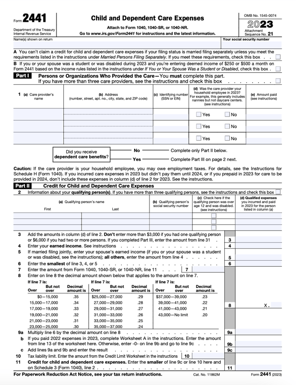 A copy of IRS Form 2441 for child and dependent care expenses