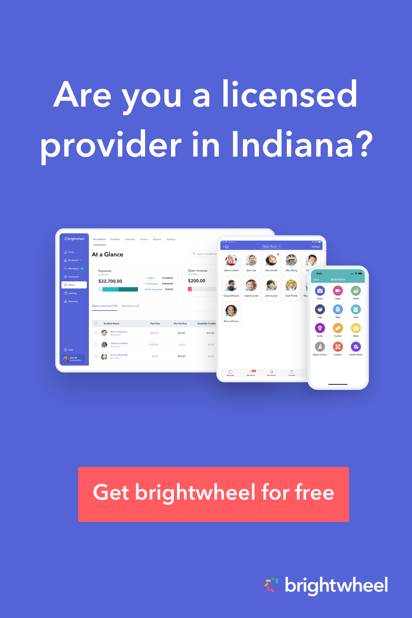Indiana providers can get brightwheel, the #1 childcare software, for free