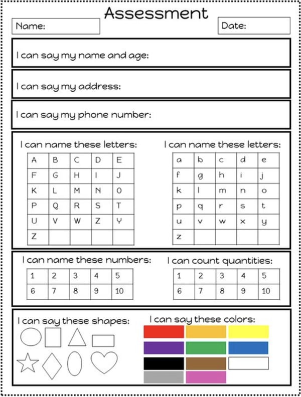 Pre-literacy and math assessment template