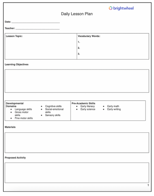 brightwheel daily lesson plan template