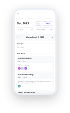 Brightwheel mobile view of the calendar feature showing December 2023.