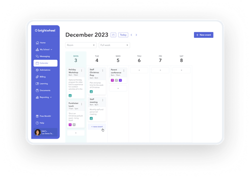 Brightwheel desktop calendar view of the month of December 2023.