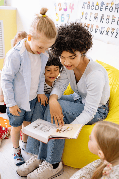 A teacher in a gray sweater and jeans sitting on a yellow beanbag and reading a picture book. Two children are looking at the pictures over the teacher's should. A third child is sitting to the right of the teacher and looking at the book.