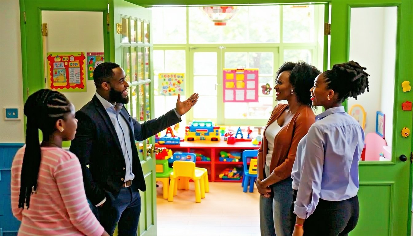 A childcare program director explaining daycare rates to parents.