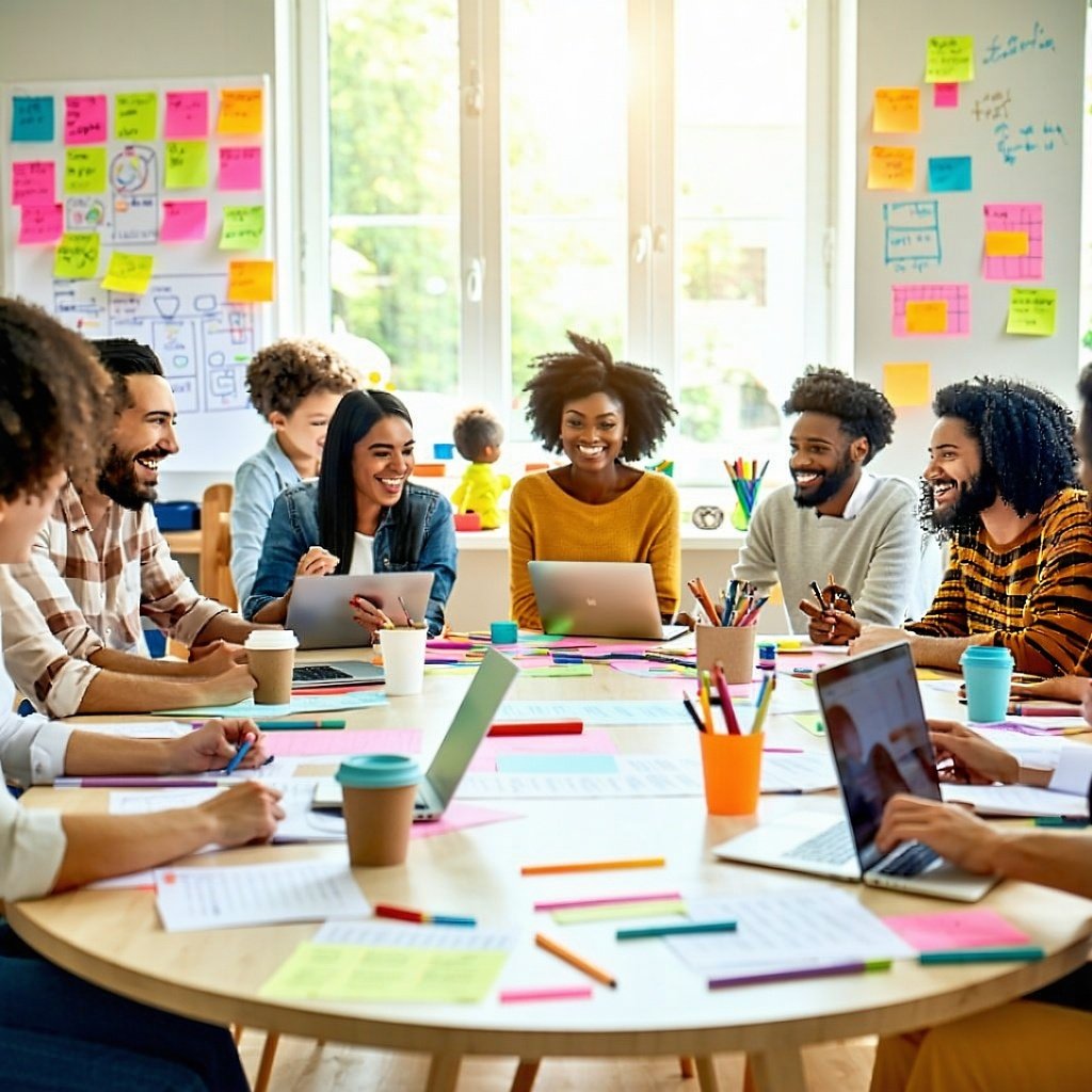 Group of teachers sitting around a large conference table working together.